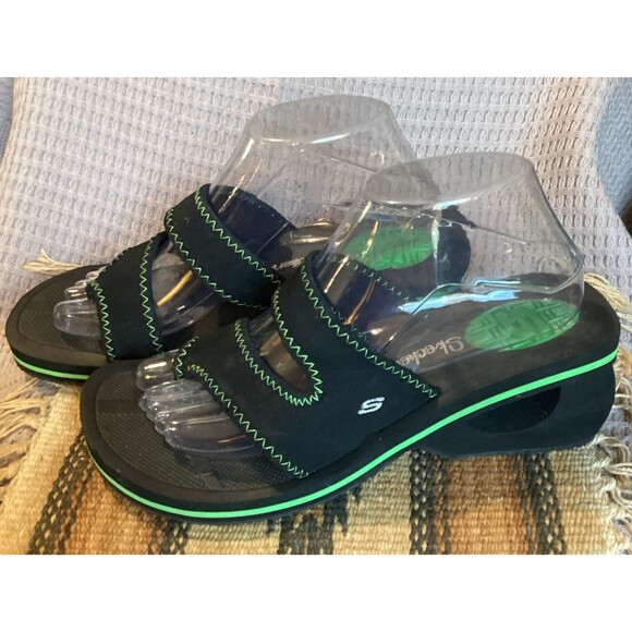 Skechers Cali Sandals Slide Sporty Slip On Black & Green Fabric Flats Womens 9 - Picture 4 of 14